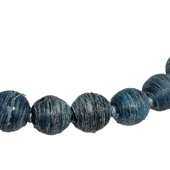 Handcrafted Blue Paper Bead Stretch Bracelet Metal Charm Eco Friendly Jewelry - Picture 2 of 5